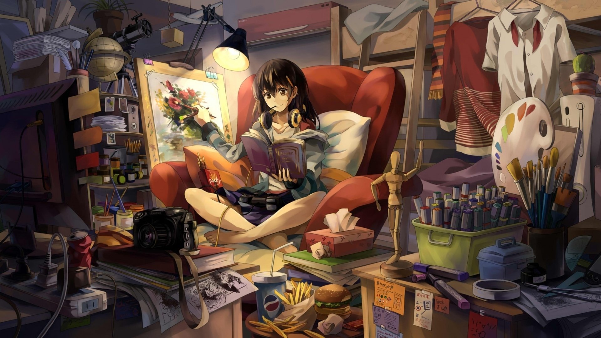 Anime girl sitting cross-legged in a cluttered room filled with art supplies, an easel, headphones, a lamp, and books.