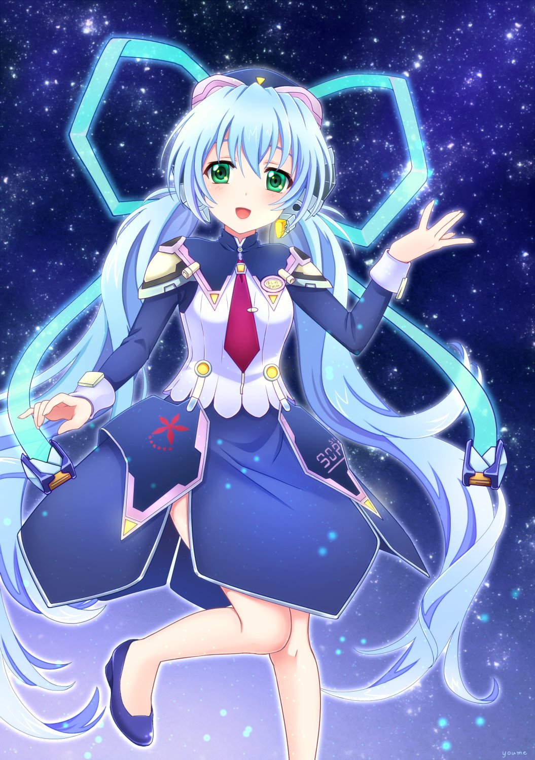 Yumemi Hoshino from the anime Planetarian: The Reverie of a Little Planet is depicted floating against a starry cosmic background, with her light blue hair and futuristic outfit.