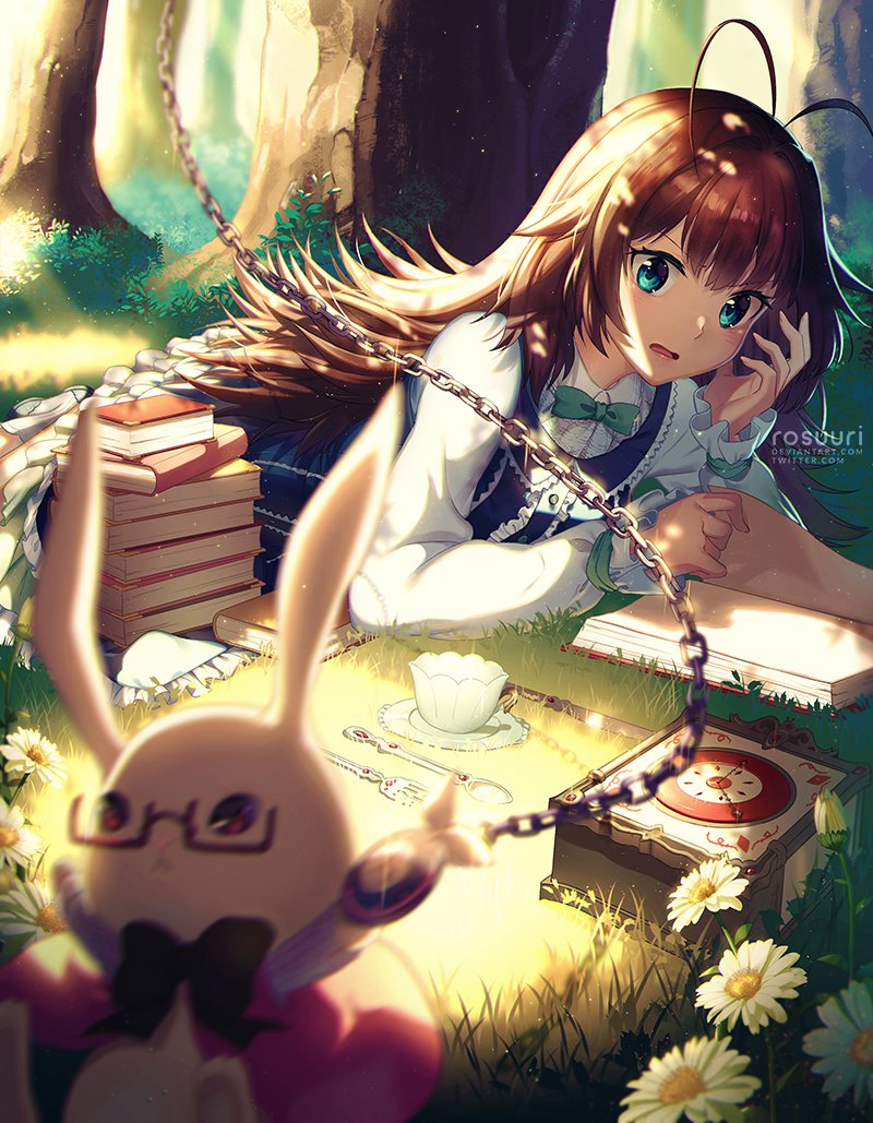 An anime girl with long brown hair lies on the grass reading a book, surrounded by stacks of books and daisies, while a rabbit with glasses and a bow is chained nearby.