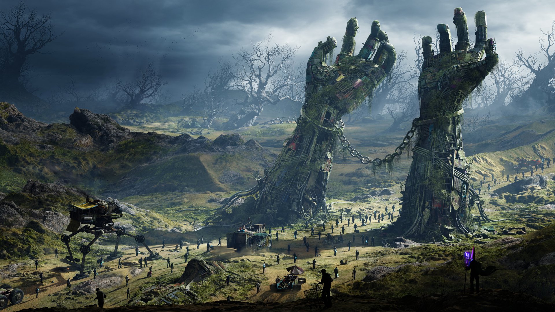 Post-apocalyptic sci-fi landscape with two colossal chained hands rising from the earth, surrounded by ruined terrain, tiny figures and a brooding, stormy sky.