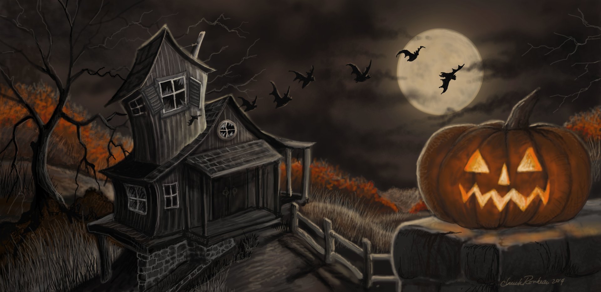 Download Bat Jack-o'-lantern Moon Haunted House House Holiday Halloween Art
