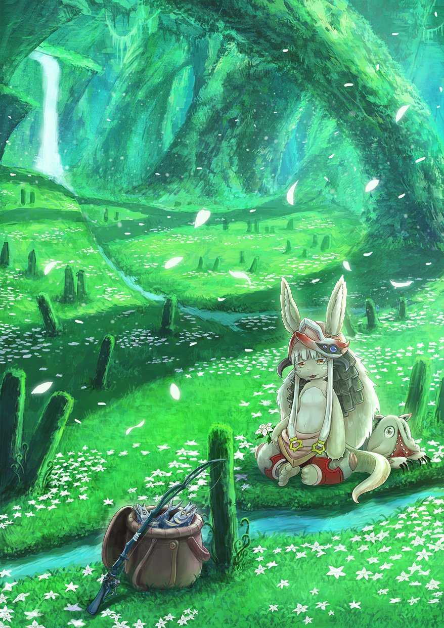 Nanachi and Mitty from Made in Abyss sit on a mossy bank beside a stream with a fishing pole and fish-shaped gear, surrounded by a lush green forest and waterfall — anime scene.