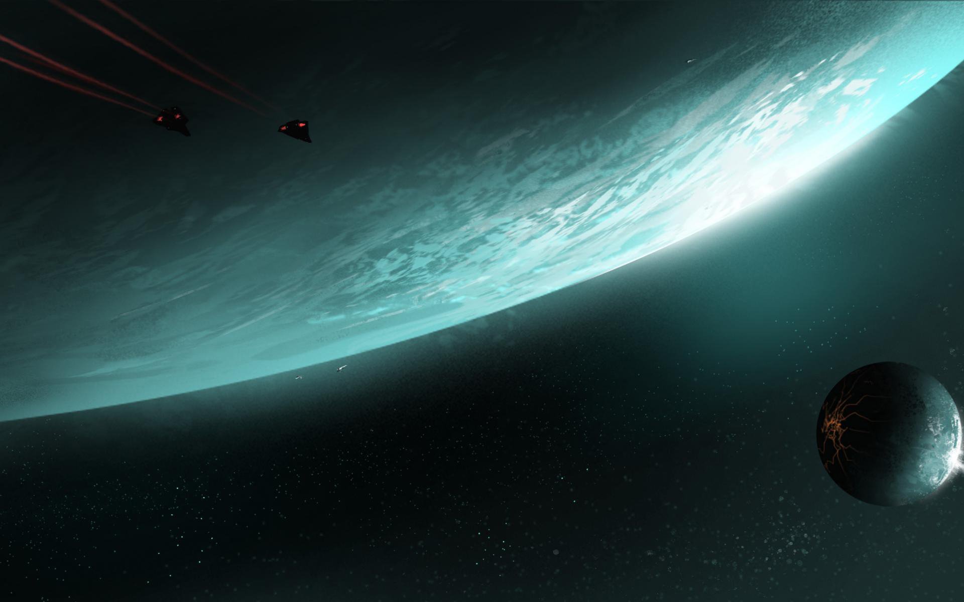 A sci-fi scene showing a large glowing planet with swirling clouds and a smaller moon-like celestial body nearby in deep space.