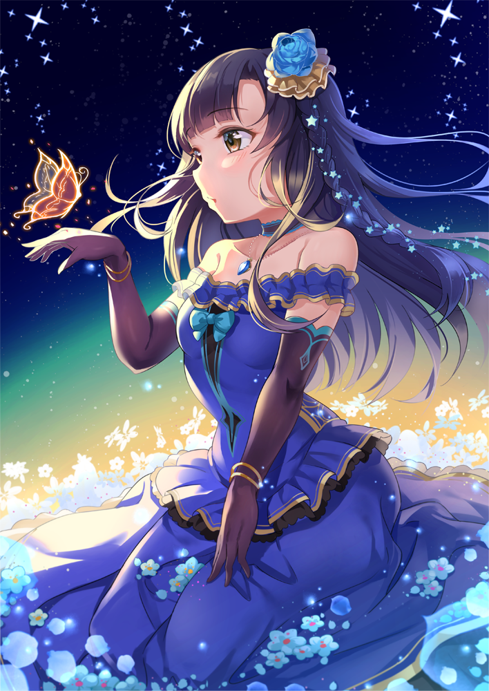 Download Flower Butterfly Blue Dress Anime Girl Anime Girl Art