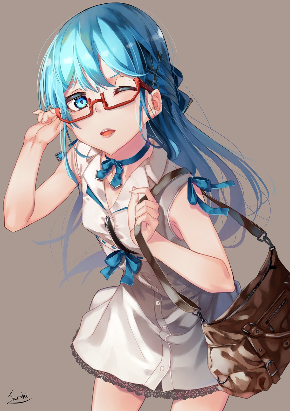 Download Glasses Handbag Blue Eyes Blue Hair Anime Original Art