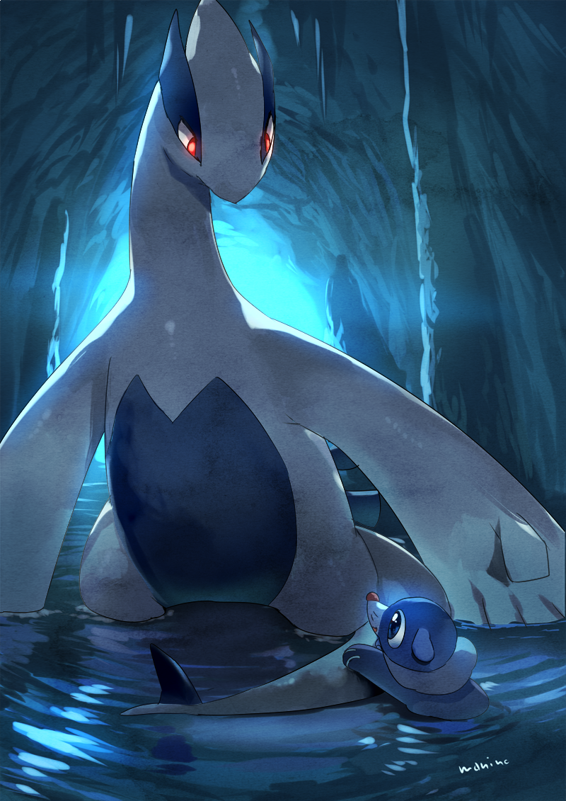 Anime Pokémon scene: Lugia with glowing red eyes emerges from a blue water cave while a small Popplio floats beside it.
