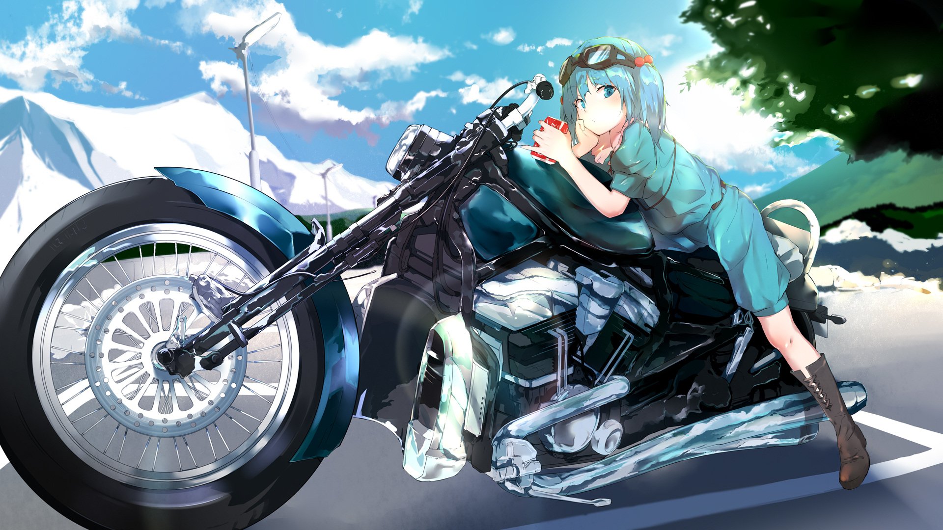 Download Goggles Mountain Cloud Motorcycle Blue Hair Blue Eyes Nitori Kawashiro Anime Touhou Anime Motorcycle Art