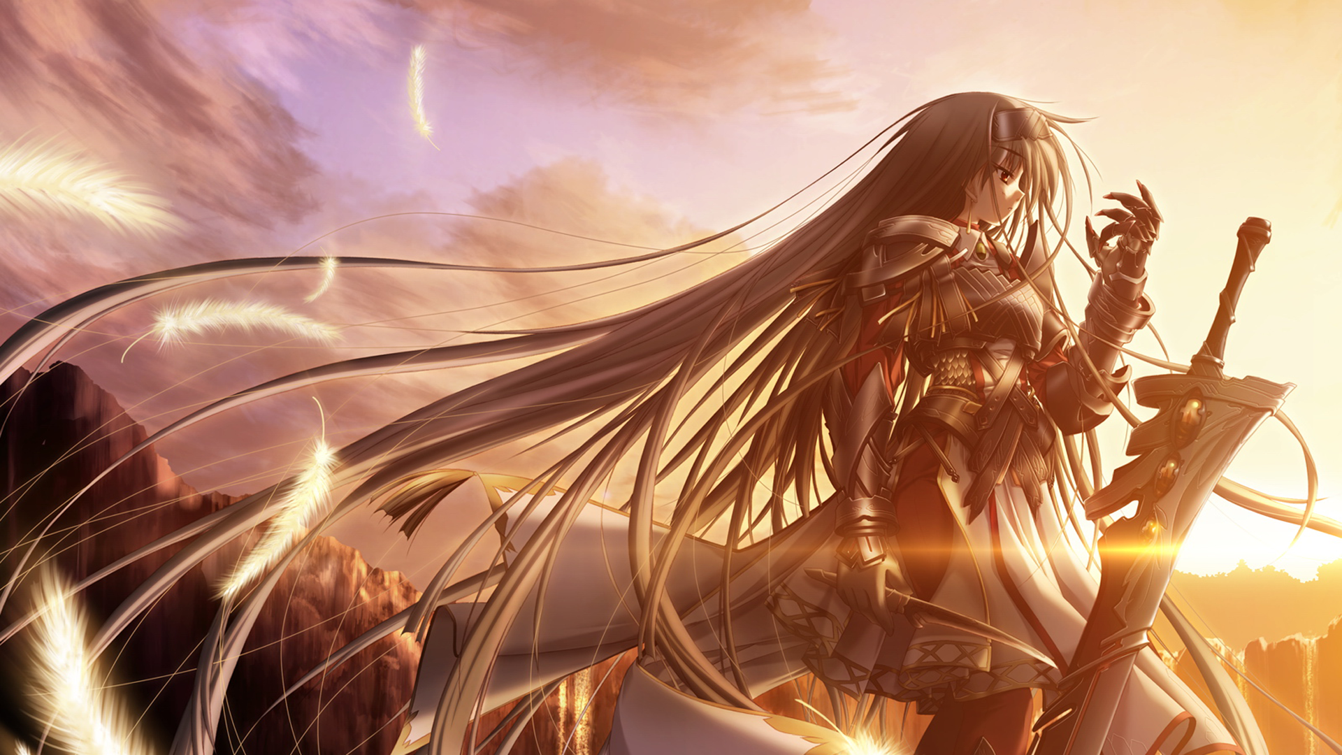 A warrior with long hair and armor stands at sunset, gripping a sword, in an epic scene from the video game Blood of Darkness.