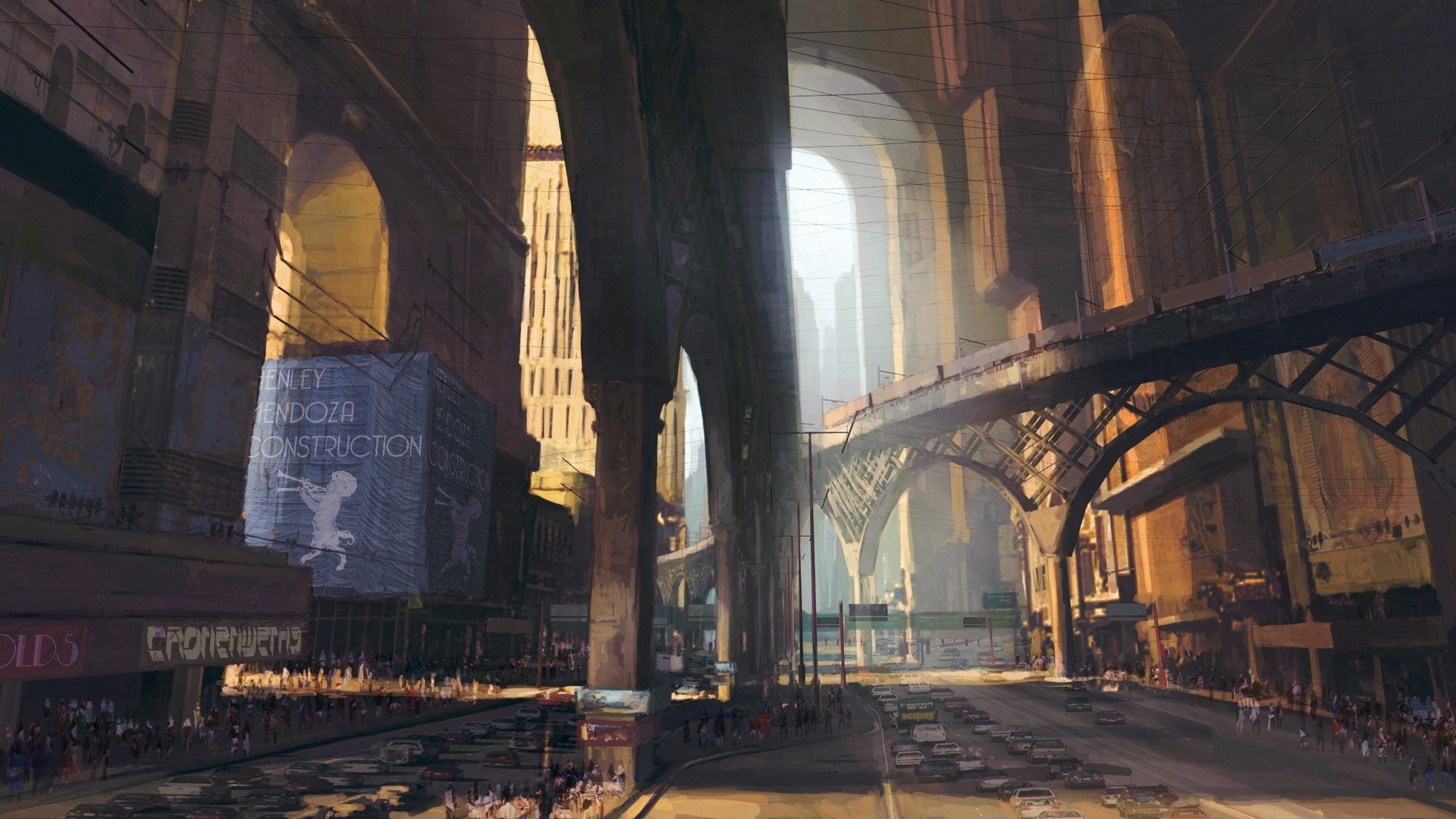 Sci-fi city: sunlit cathedral-like arches span wide boulevards, with elevated walkways, neon signage and distant towers forming a sprawling futuristic metropolis.