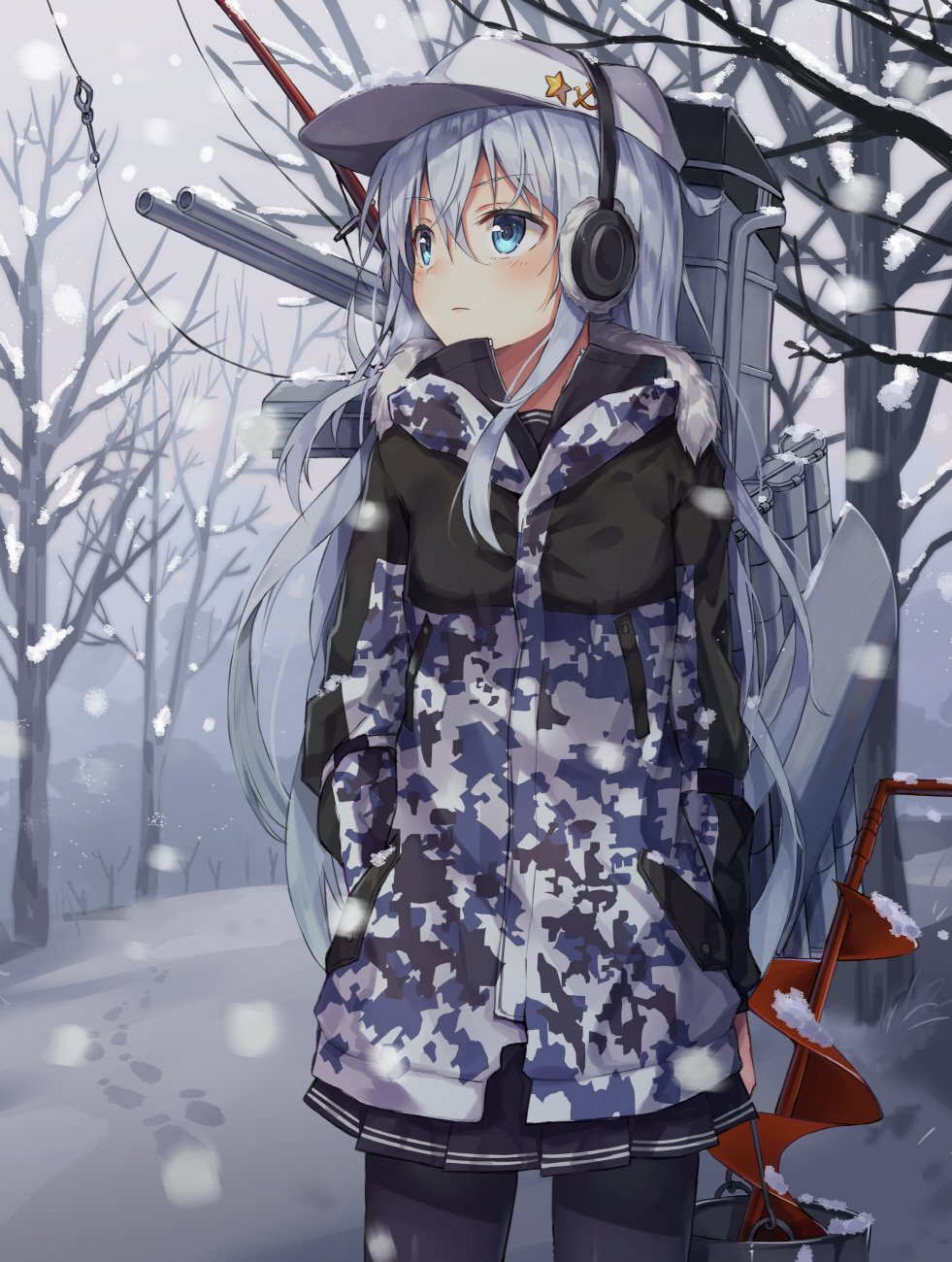 A young girl with blue eyes and long white hair stands in the snow, wearing a camouflage coat and headphones, surrounded by bare trees, embodying Hibiki from Kantai Collection.