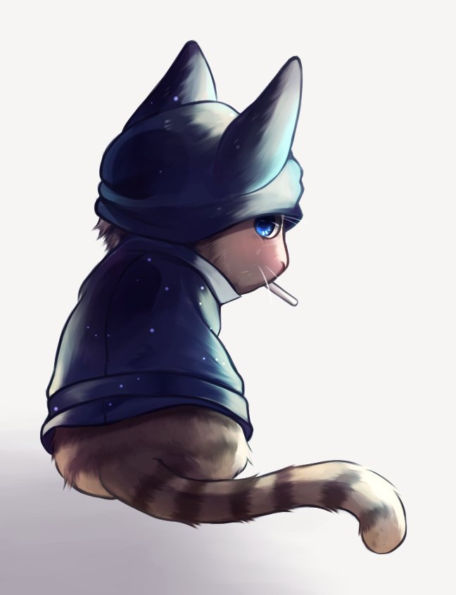 A stylized cat with blue eyes wearing a blue cap and sweater, holding a lollipop, inspired by Hoshi Ryouma from the video game Danganronpa V3: Killing Harmony.