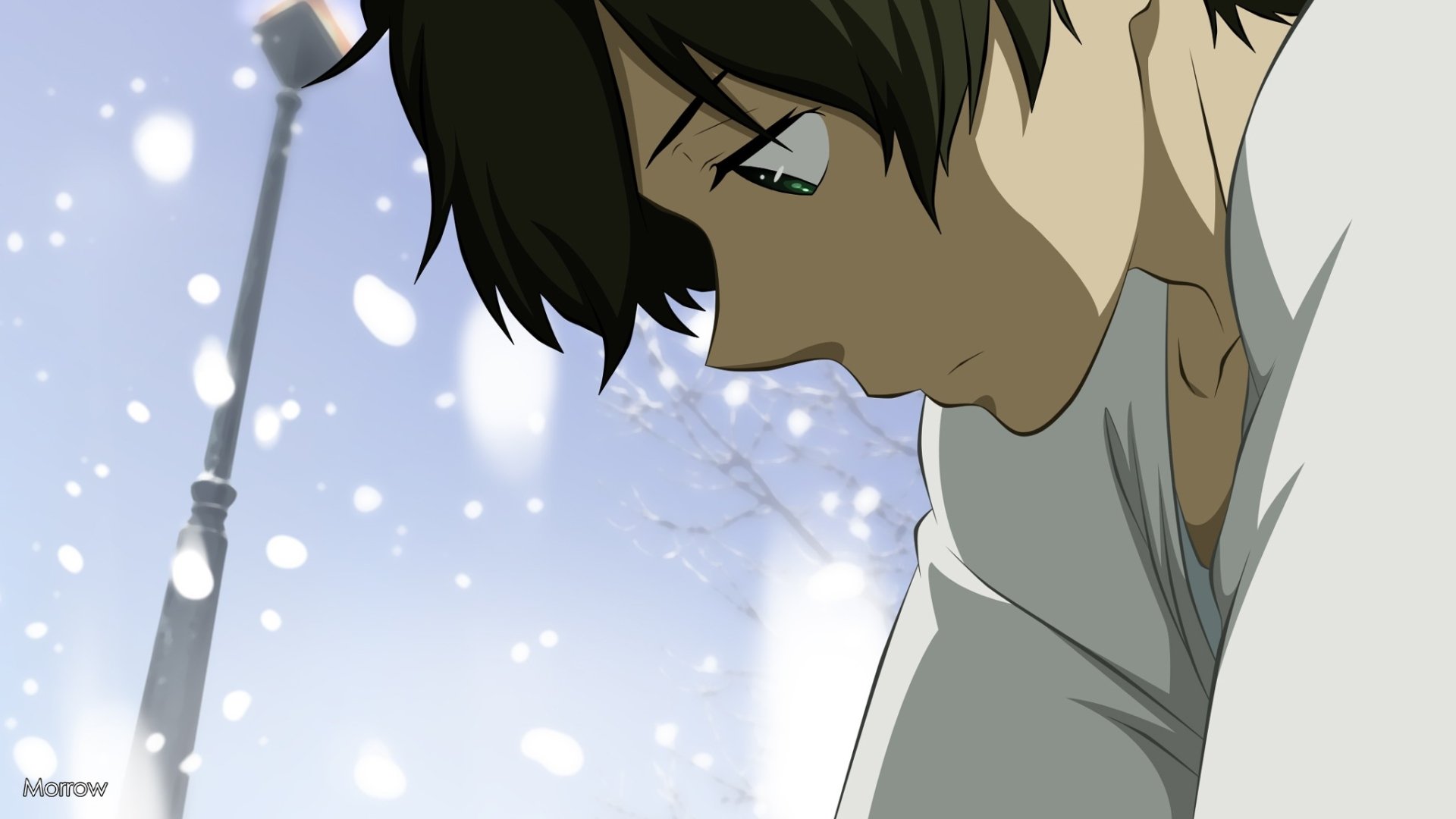 Hōtarō Oreki from the anime Hyouka is shown with brown hair, looking down pensively against a snowy backdrop.