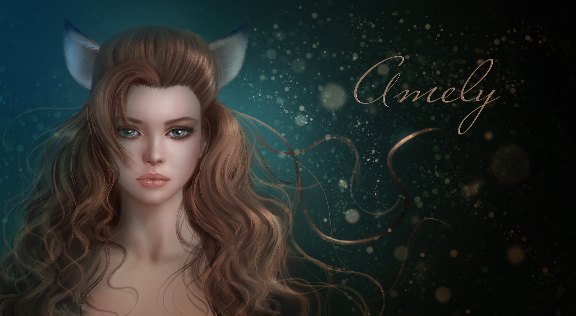 Artistic portrait of a woman with flowing brown hair, striking blue eyes, and subtle cat-like ears against a dark, sparkling background.