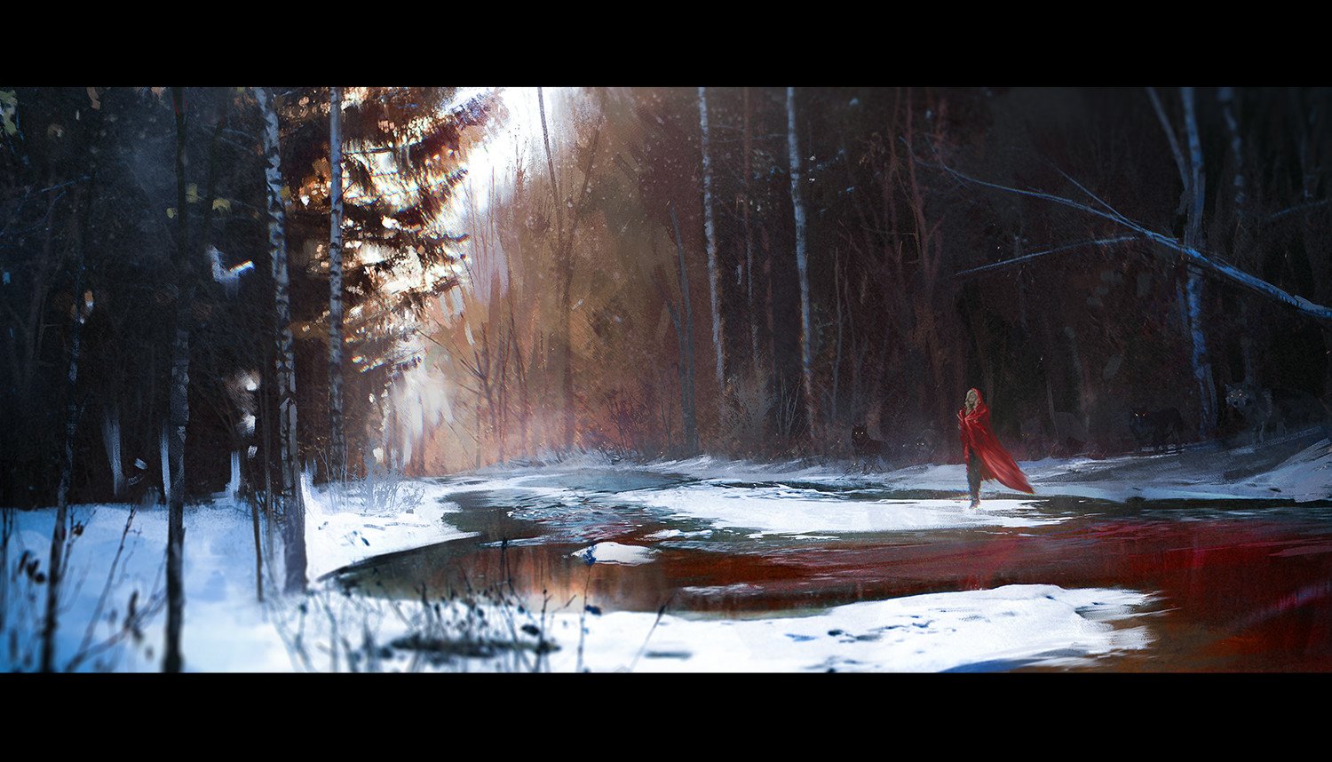 Red Hood stands in a snowy forest with a wolf nearby, bathed in soft light, evoking a dark fantasy twist on the classic Red Riding Hood tale.