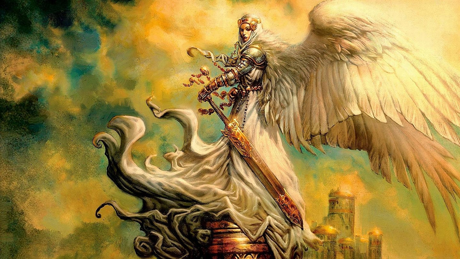 A majestic fantasy angel warrior stands tall with large white wings, wielding a glowing sword amidst a dramatic, fiery sky and ancient ruins.