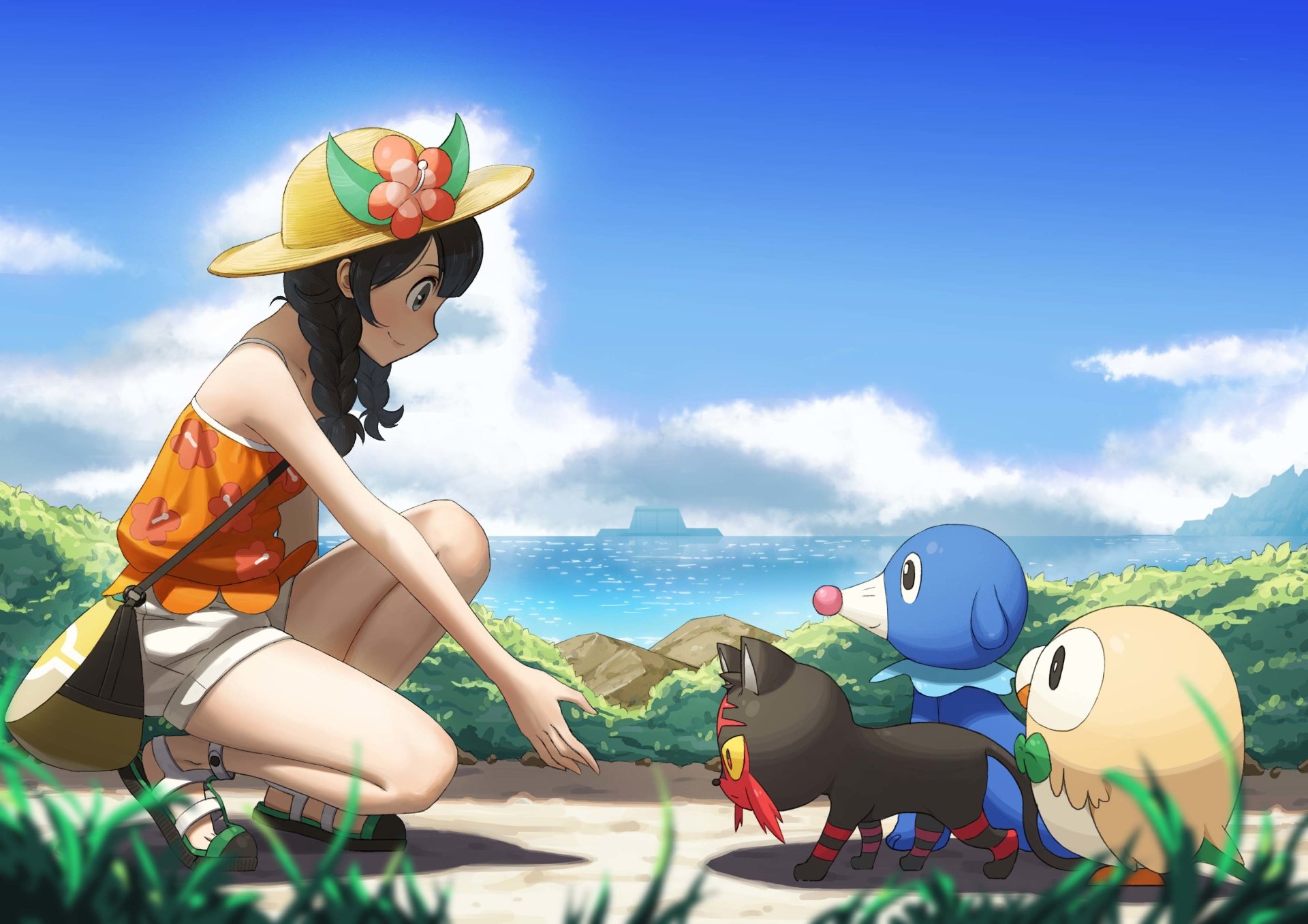 Download Selene (Pokémon) Hat Sky Cloud Water Grass Rowlet (Pokémon) Popplio (Pokémon) Litten (Pokémon) Pokemon Mizuki (Pokémon) Video Game Pokémon Ultra Sun And Ultra Moon Art