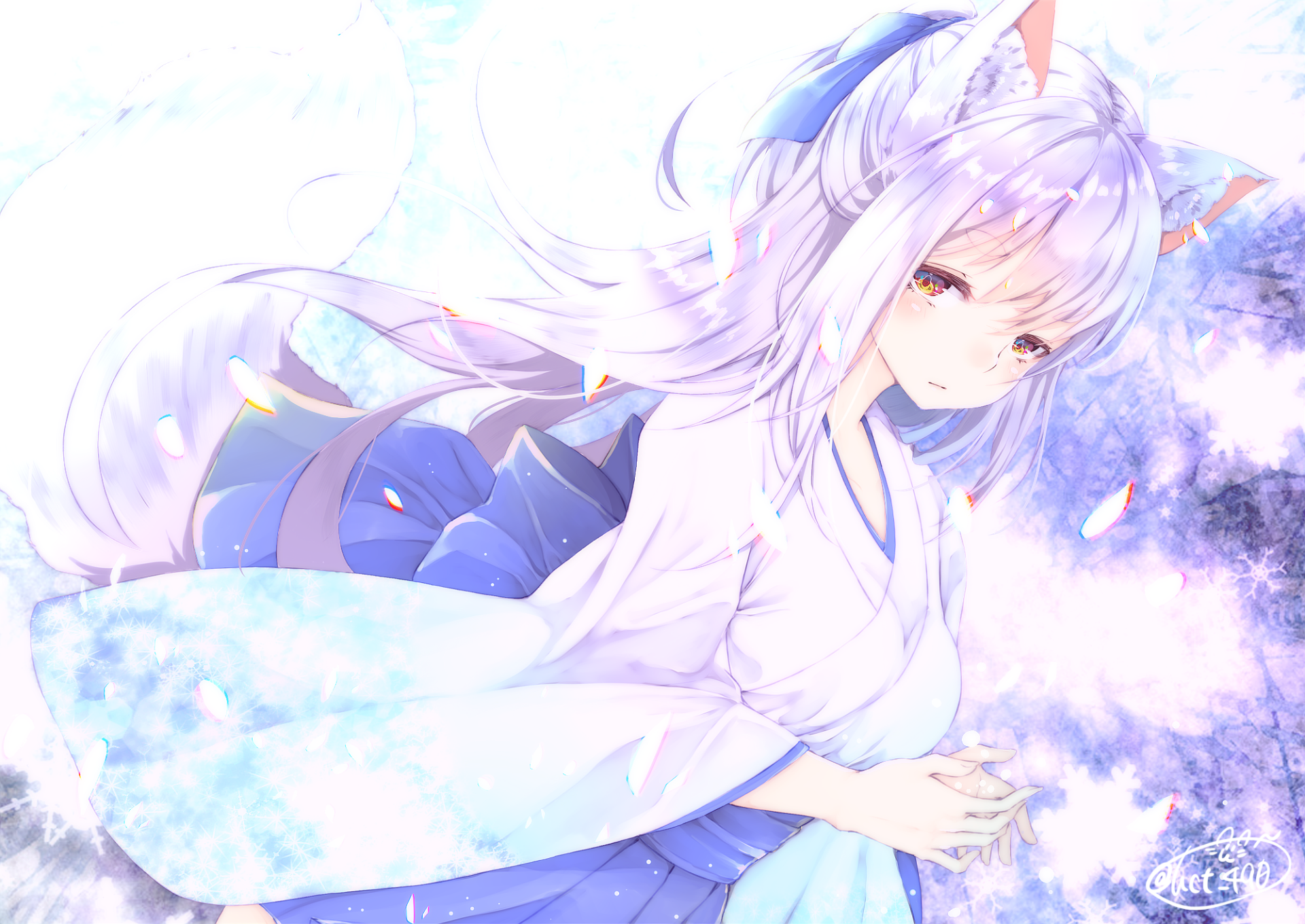 Anime girl with long white hair, yellow eyes, animal ears, and a tail, dressed in a flowing kimono, surrounded by soft glowing petals and light effects.