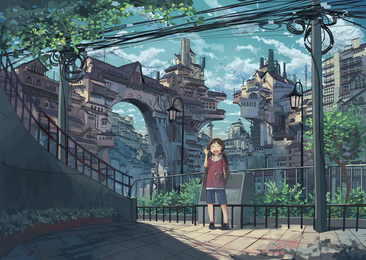 Anime cityscape of layered buildings and arches with telephone poles overhead; a smiling girl in shorts stands on a sunlit sidewalk surrounded by greenery.