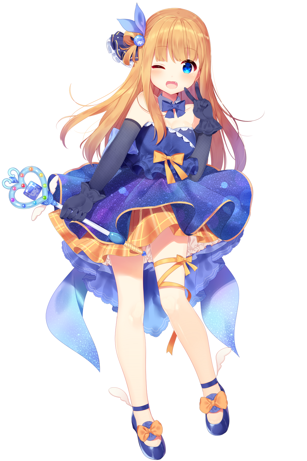 Anime girl with long blonde hair and blue eyes winking, wearing a sparkling blue dress with bows and holding a magical wand.