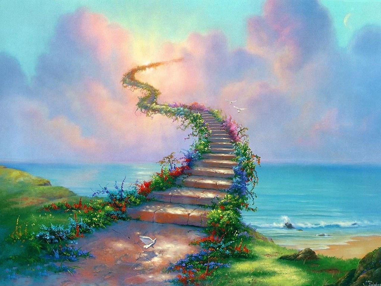 A winding staircase adorned with colorful flowers ascends towards a bright sky over the ocean, while birds soar above the serene landscape, creating an artistic and dreamy scene.