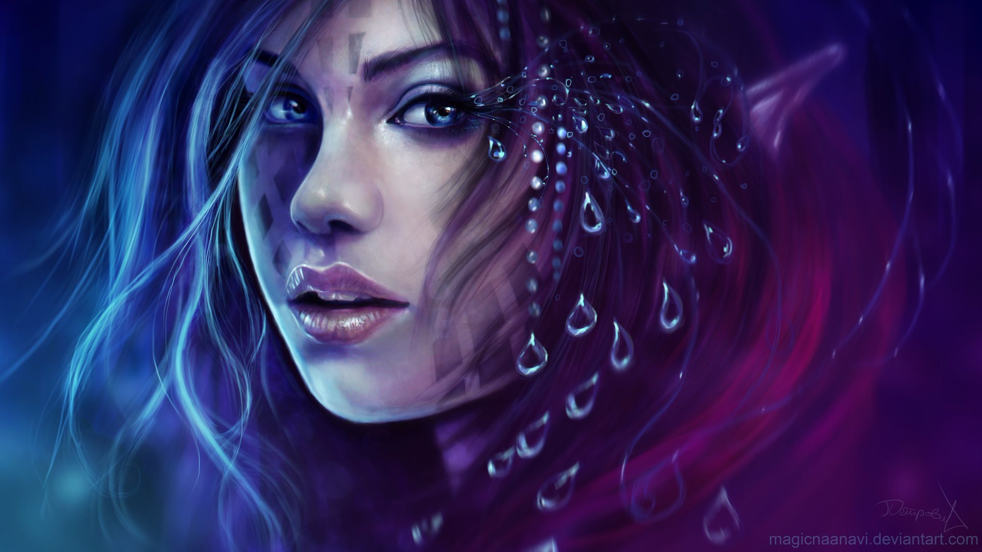 Close-up of a fantasy woman warrior’s face, showing intense eyes and shimmering, jewel-like adornments in her flowing hair against a dark, mystical background.