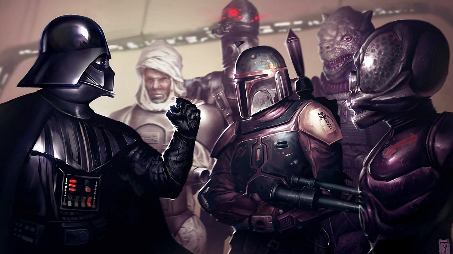 Darth Vader, Boba Fett, Bossk, and other Star Wars characters gather in a tense sci-fi scene.