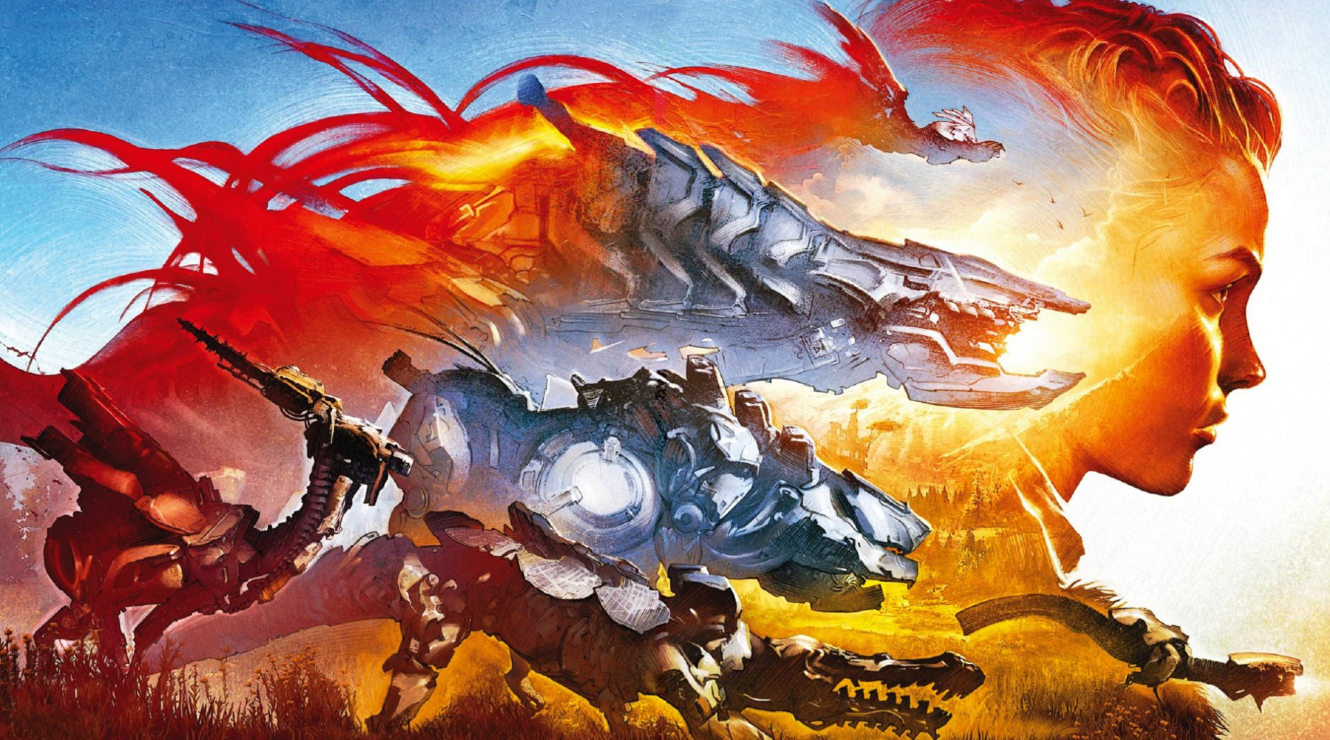Dynamic artwork from the video game Horizon Zero Dawn, featuring a young woman alongside mechanical creatures and vibrant colors, illustrating a clash of nature and technology.
