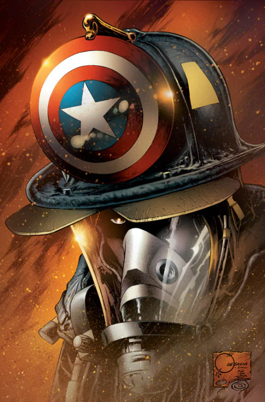 A striking comic image features a figure in a gas mask wearing a helmet styled after Captain America's shield, set against a dynamic orange background.