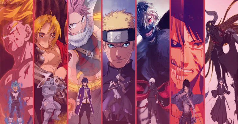 A vibrant anime crossover illustration features iconic characters displayed in a dynamic arrangement, showcasing their unique designs and expressions against a colorful backdrop.