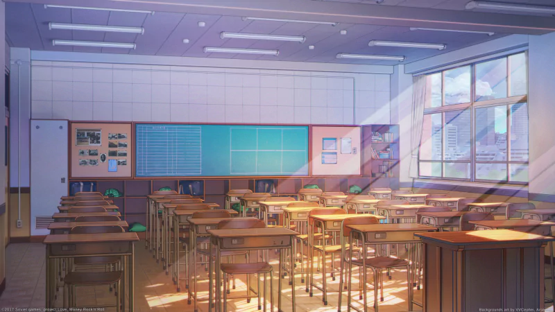 A beautifully illustrated anime classroom, featuring rows of wooden desks and bright sunlight streaming in through large windows, creating a serene and inviting atmosphere.
