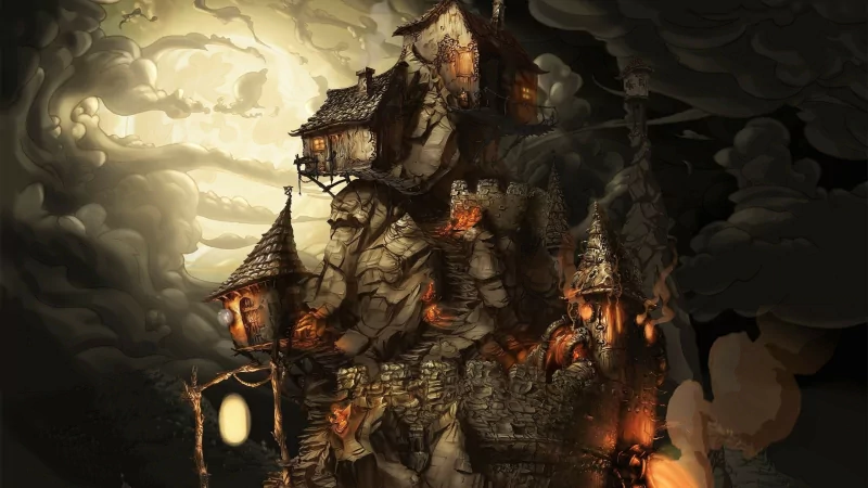 A hauntingly drawn house under a dramatic moonlit sky, evoking the spirit of Halloween with its eerie atmosphere and spooky details.