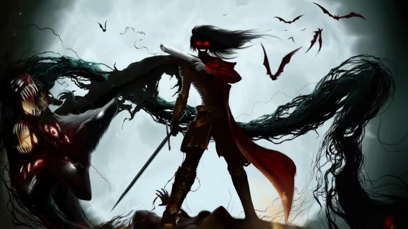 Alucard from Hellsing stands dramatically in the moonlight, wielding a sword, surrounded by swirling shadows and bats, embodying the dark essence of the anime.