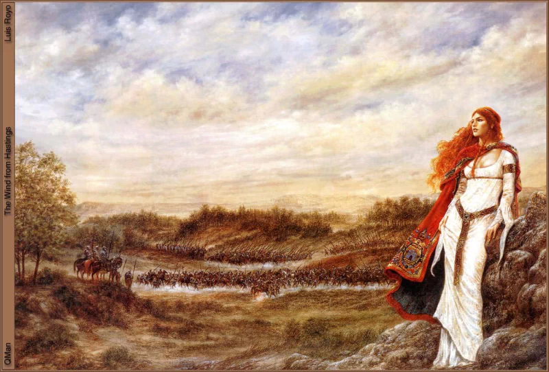 Artistic painting of a red-haired woman in a white gown and red cloak standing on a rocky hill, gazing over a winding river and pastoral landscape beneath a cloudy sky.