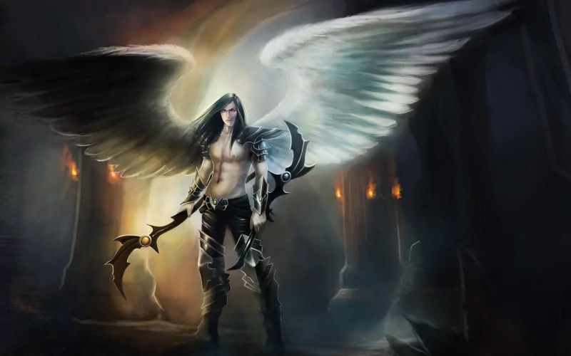A fantasy angel warrior with large, glowing wings stands in a dark, mystical environment holding a curved weapon, exuding power and ethereal presence.