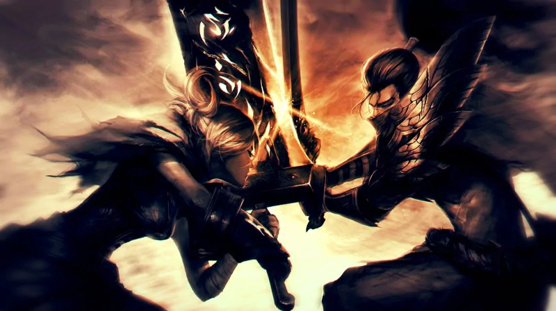 Riven and Yasuo clash midair, swords crossed in a dramatic League of Legends video game duel.