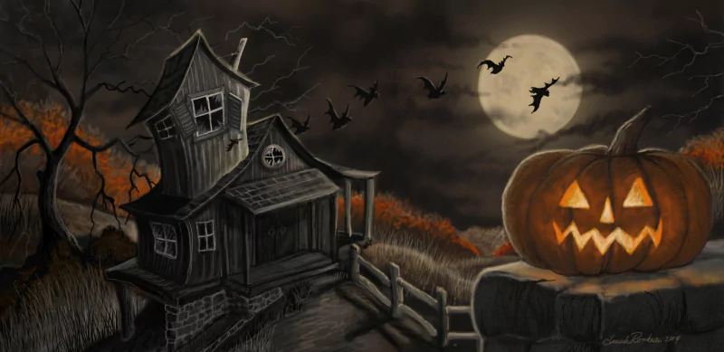 bat jack-o'-lantern moon haunted house house holiday halloween Image