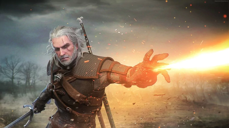 Geralt of Rivia from The Witcher 3: Wild Hunt casts a fiery magical blast, clad in battle-ready armor against a dark, stormy background.