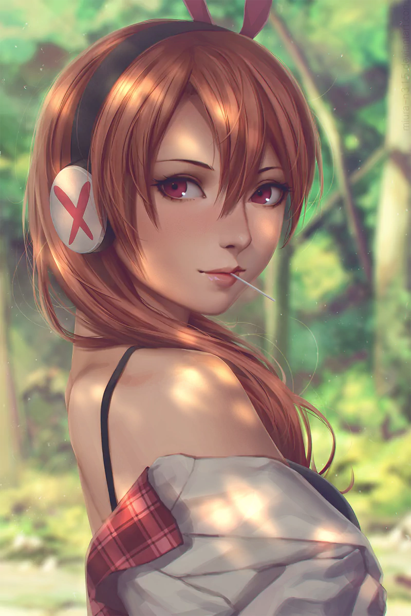 Anime-style portrait of Chelsea from Akame ga Kill!, featuring her red hair, headphones with an X symbol, and lollipop in her mouth, set against a blurred green forest background.