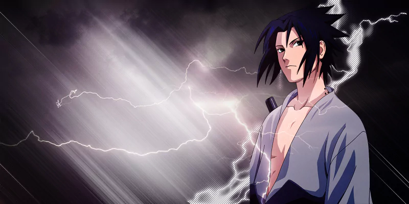 Sasuke Uchiha (Naruto) stands with a partially open shirt and stern expression as lightning arcs across a dark, stormy background.
