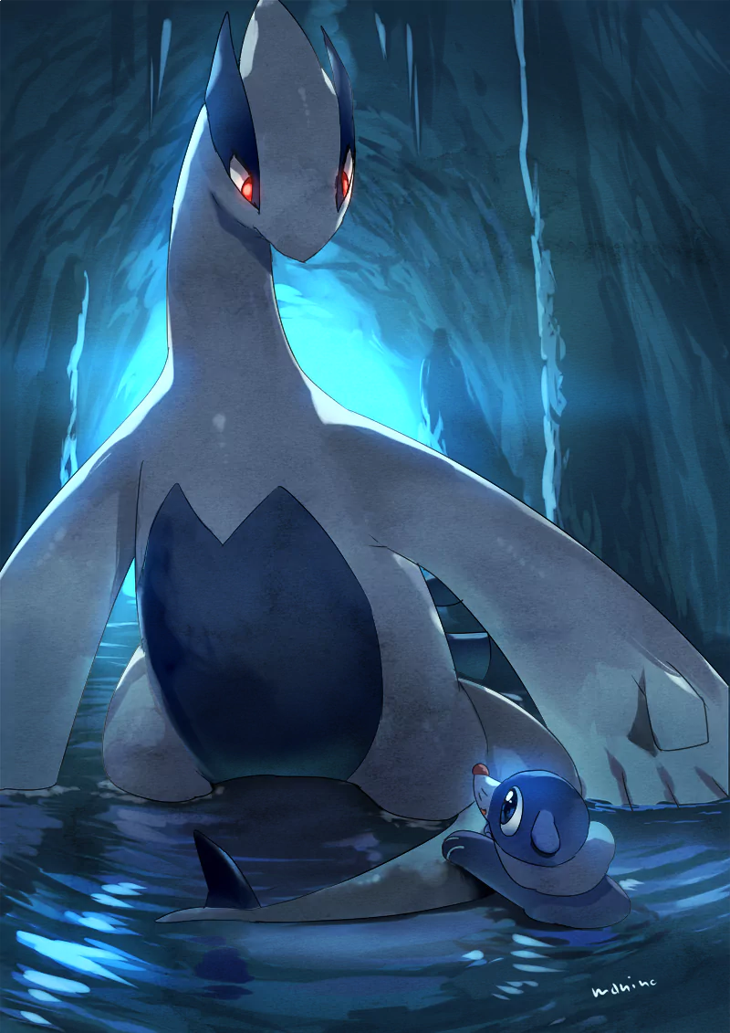 Anime Pokémon scene: Lugia with glowing red eyes emerges from a blue water cave while a small Popplio floats beside it.