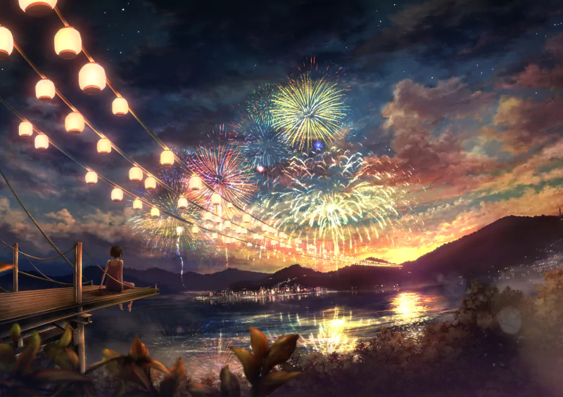 A serene anime scene features vibrant fireworks lighting up the night sky above serene waters, with lanterns illuminating a wooden dock and mountains in the background.