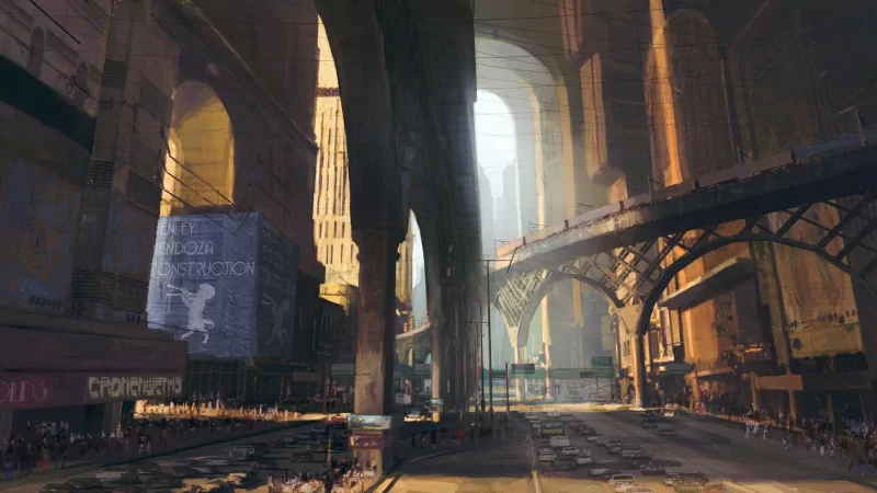 Sci-fi city: sunlit cathedral-like arches span wide boulevards, with elevated walkways, neon signage and distant towers forming a sprawling futuristic metropolis.