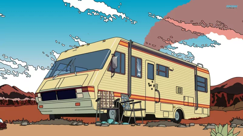 Illustration of the iconic RV from the TV show Breaking Bad parked in a desert landscape under a partly cloudy sky.