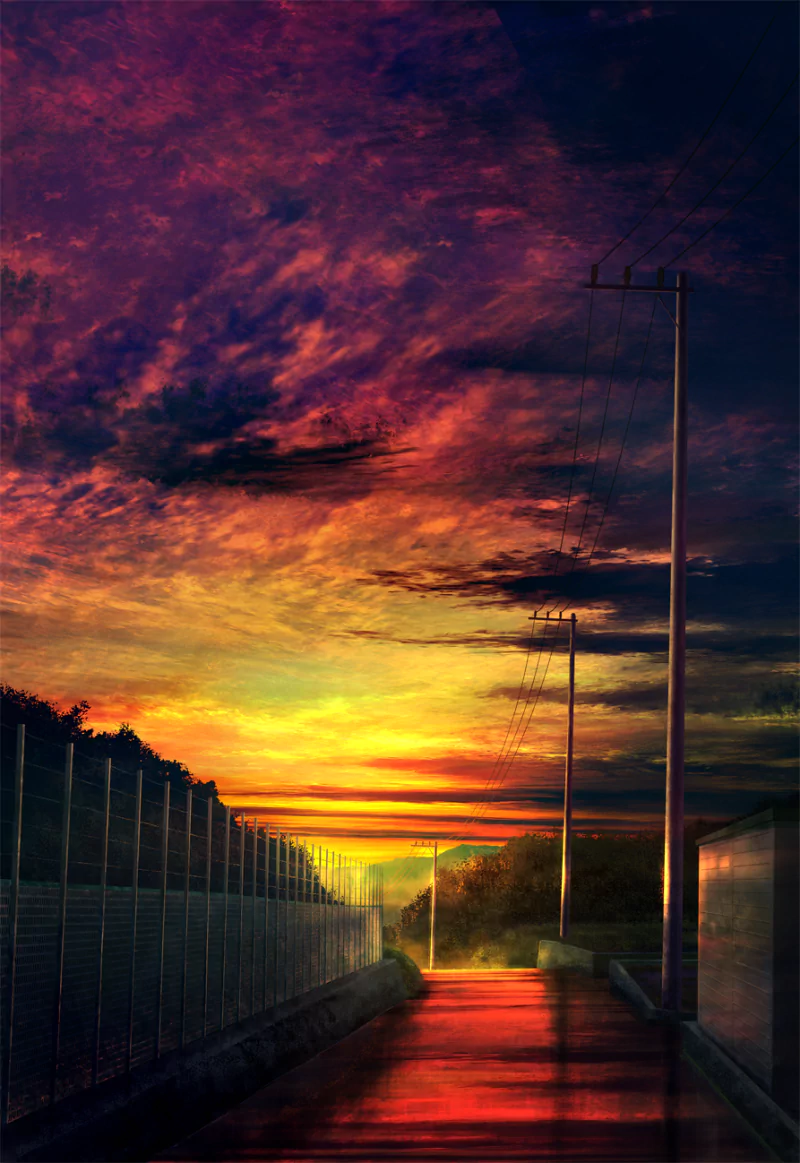 A vibrant anime-inspired scene features a power line stretching across a sunset sky, illuminating a reflective path alongside a scenic fence under dramatic clouds.