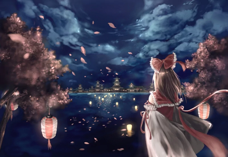 Anime scene at night featuring Reimu Hakurei standing by water under cloudy skies, surrounded by trees with lanterns and floating petals, capturing a serene Touhou atmosphere.