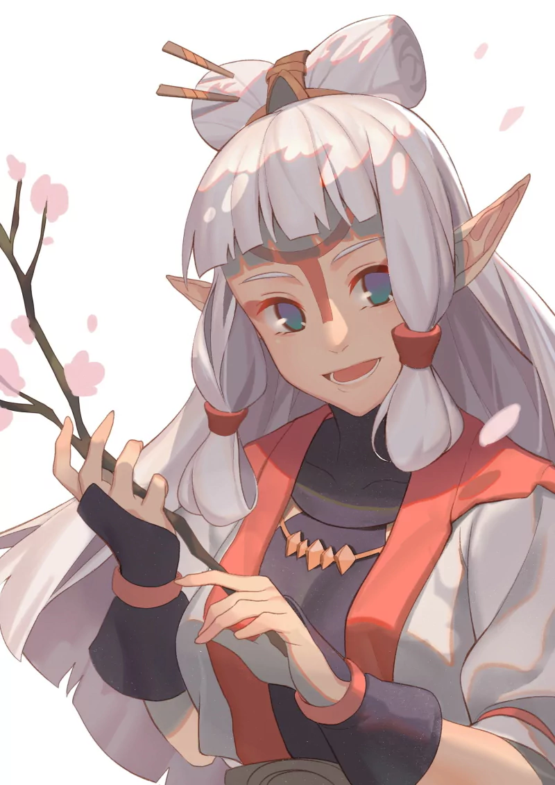 Paya, from the video game The Legend of Zelda: Breath of the Wild, with long white hair, pointed ears and red-and-white shrine attire, smiling while holding a cherry blossom branch.