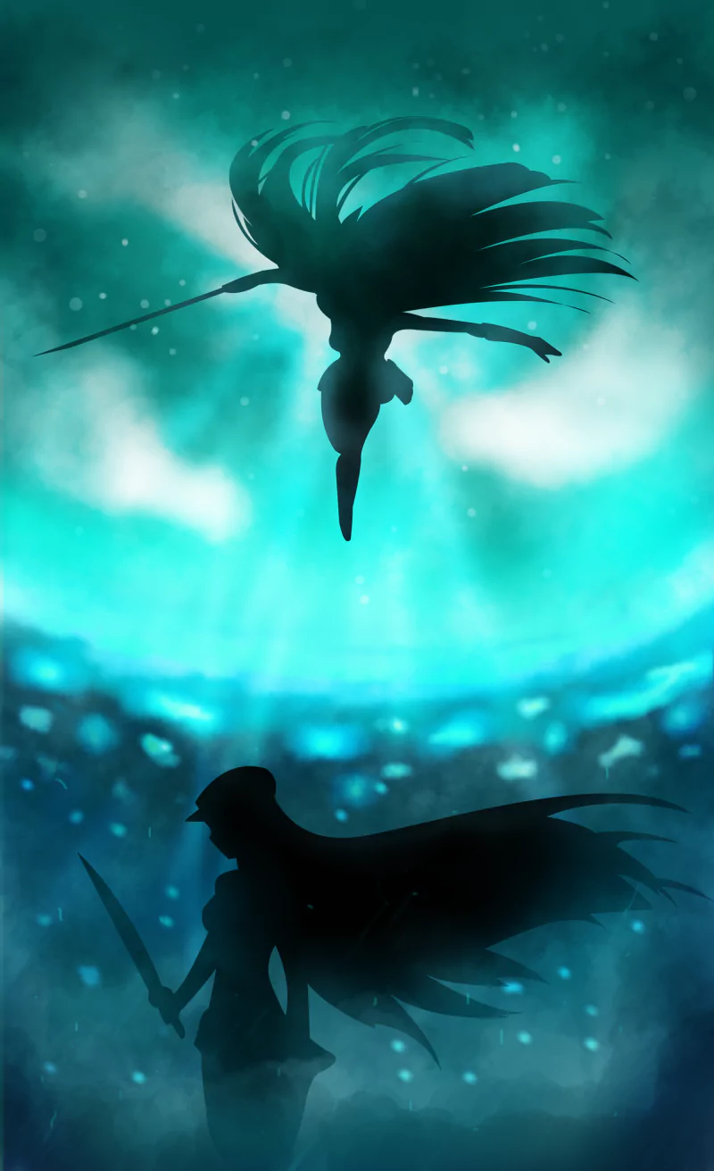 Silhouettes of two characters from the anime Kill La Kill, set against a glowing, misty blue-green background with dynamic poses and flowing hair.