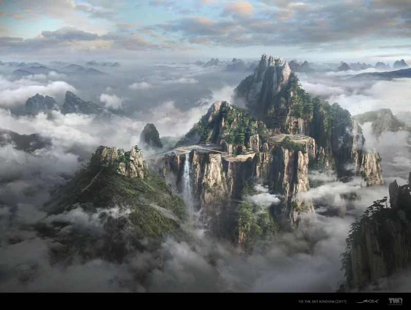 A breathtaking anime landscape depicting towering mountains surrounded by clouds, with serene water features reflecting the stunning sky and natural scenery.
