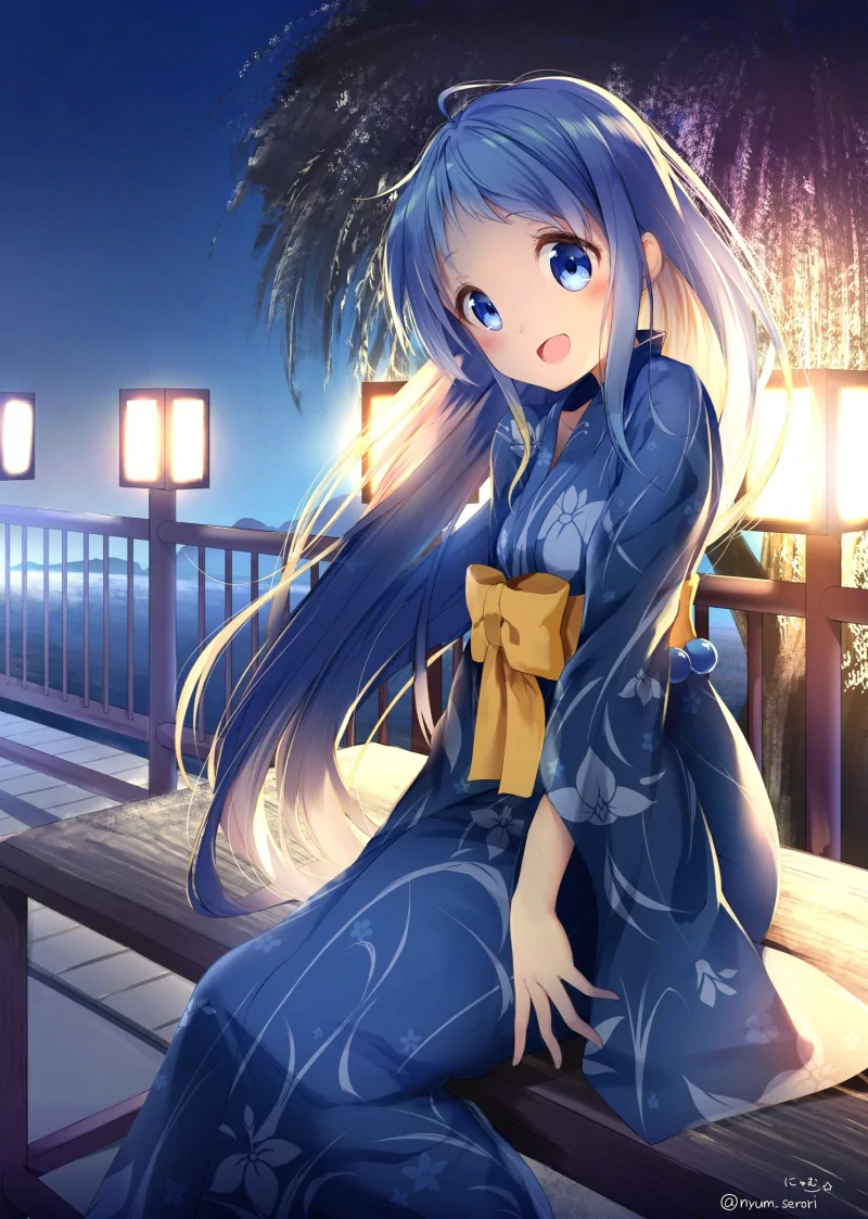 Anime-style Samidare from Kantai Collection with long blue hair and bright blue eyes, wearing a kimono, sitting on a bench by the water at night with fireworks in the background.