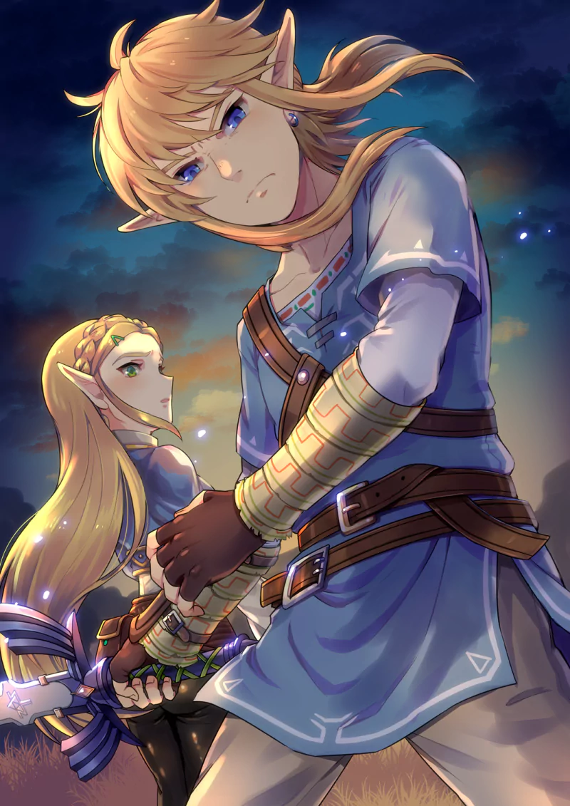Link, with blue eyes and the Master Sword, and Princess Zelda, with green eyes, both blond and pointed-eared, stand ready in a scene from The Legend of Zelda: Breath of the Wild.